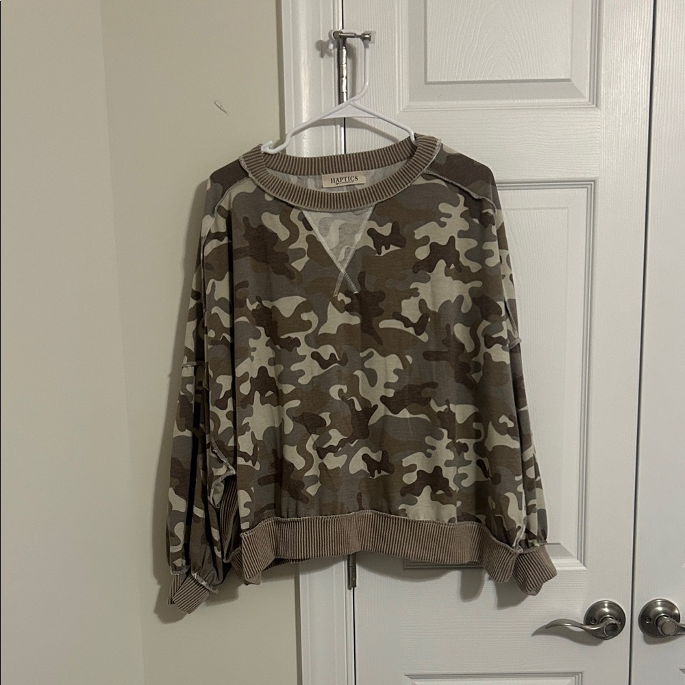 Haptics Womens Camo Crewneck Sweater - Brown/Olive/Beige - Size L